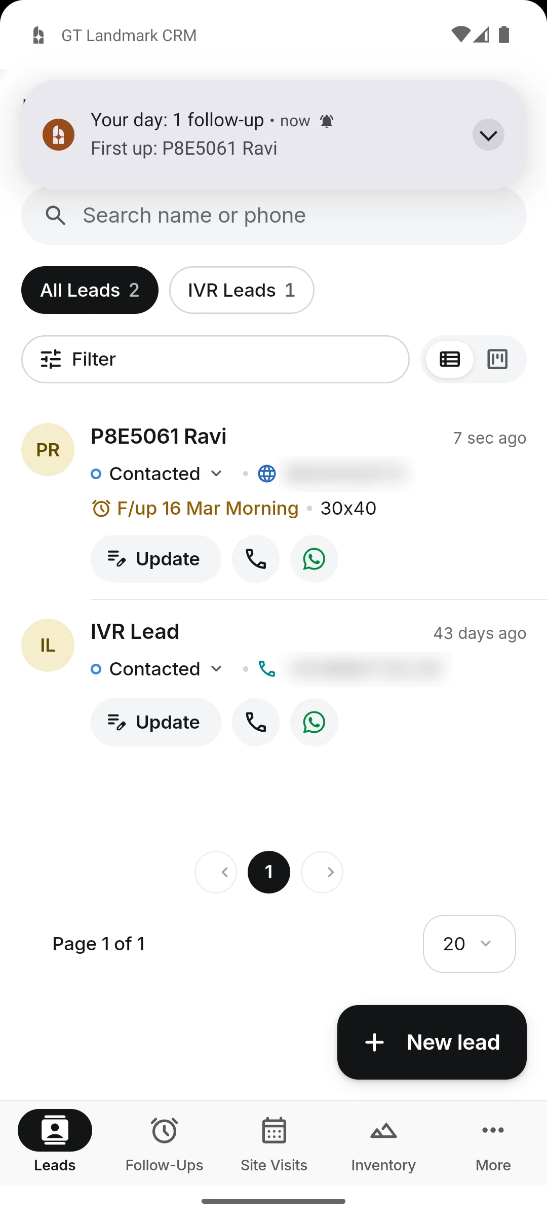 GT Landmark sales app for Android, lead list