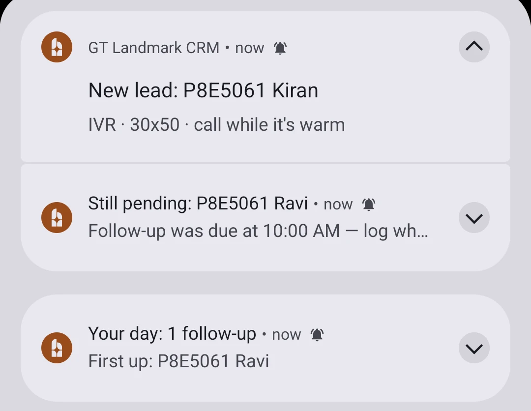 GT Landmark sales app, three push notifications