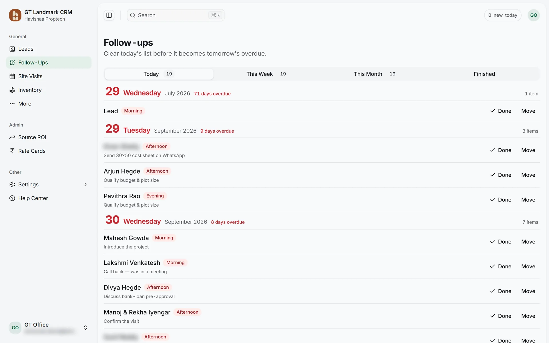 GT Landmark CRM, follow-ups screen (staging data, numbers and names blurred)