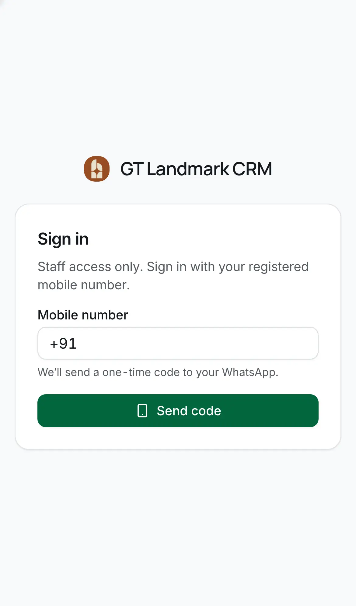 GT Landmark CRM on a phone, screen three